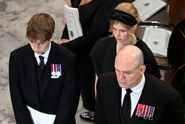 James, Viscount Severn, Lady Louise Windsor and Mike Tindall at Westminster Abbey for The State Funeral of Queen Elizabeth II.