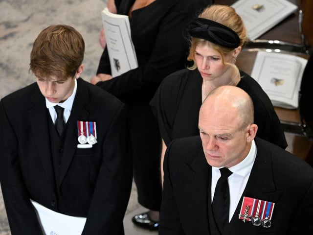 James, Viscount Severn, Lady Louise Windsor and Mike Tindall at Westminster Abbey for The State Funeral of Queen Elizabeth II.