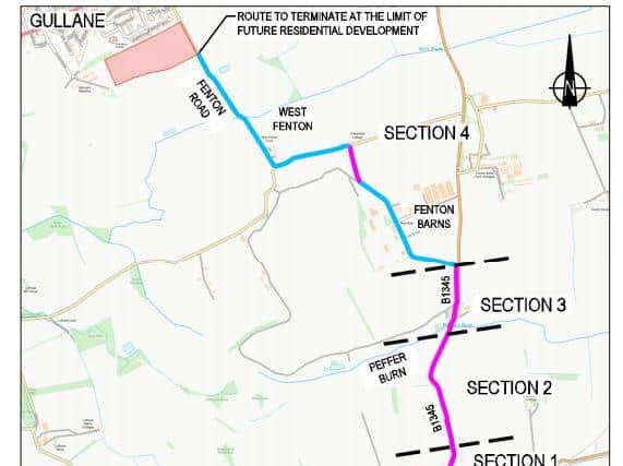 The path will comprise upgraded quiet roads (blue) and new sections (pink). Picture: Drem-Gullane Path Campaign