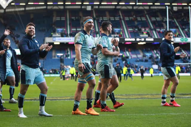 Scotland players applaud the fans after the victory over France. No date has been set for the Six Nations to be completed