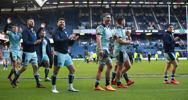 Scotland players applaud the fans after the victory over France. No date has been set for the Six Nations to be completed
