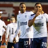 Alfredo Morelos celebrates with Joe Aribo after making it 2-0 for Rangers against Abrdeen at Pittodrie.  (Photo by Alan Harvey / SNS Group)