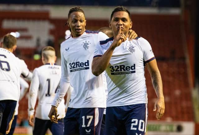 Alfredo Morelos celebrates with Joe Aribo after making it 2-0 for Rangers against Abrdeen at Pittodrie.  (Photo by Alan Harvey / SNS Group)