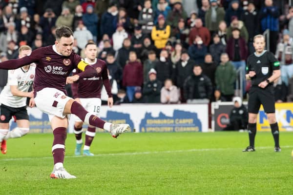 Lawrence Shankland hit goal number 19 for Hearts in the win over Aberdeen.  (Photo by Ross Parker / SNS Group)