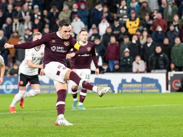 Lawrence Shankland hit goal number 19 for Hearts in the win over Aberdeen.  (Photo by Ross Parker / SNS Group)