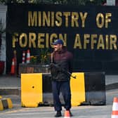 A Pakistani police officer stands guard outside the Ministry of Foreign Affairs in Islamabad. Picture: Aamir Qureshi/AFP via Getty Images