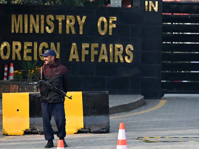 A Pakistani police officer stands guard outside the Ministry of Foreign Affairs in Islamabad. Picture: Aamir Qureshi/AFP via Getty Images