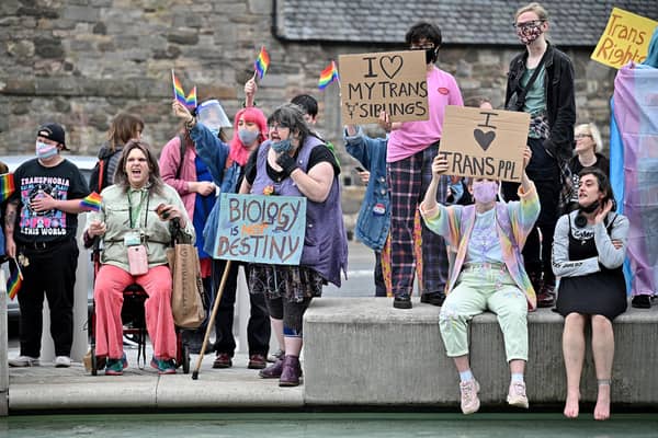 Trans rights activists demonstrate outside the Scottish Parliament (Photo by Jeff J Mitchell/Getty Images)
