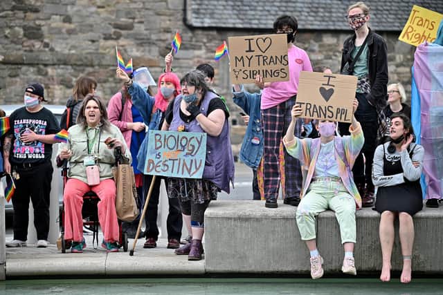 Trans rights activists demonstrate outside the Scottish Parliament (Photo by Jeff J Mitchell/Getty Images)