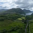Aerial view of the Glenfinnan Viaduct, a railway viaduct on the West Highland Line in Glenfinnan