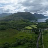 Aerial view of the Glenfinnan Viaduct, a railway viaduct on the West Highland Line in Glenfinnan