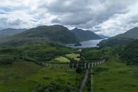 Aerial view of the Glenfinnan Viaduct, a railway viaduct on the West Highland Line in Glenfinnan