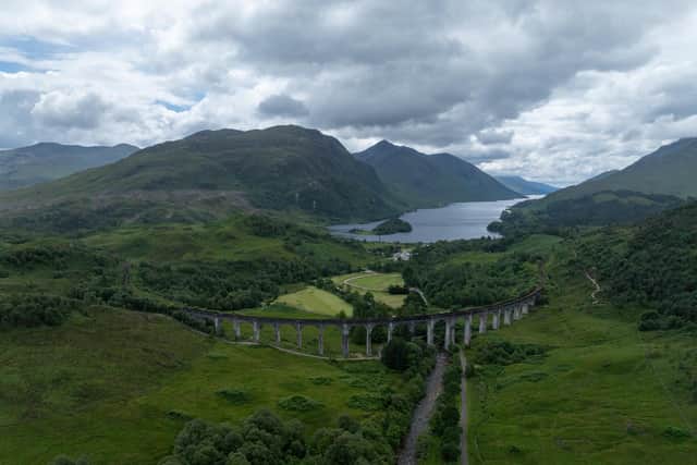 Aerial view of the Glenfinnan Viaduct, a railway viaduct on the West Highland Line in Glenfinnan