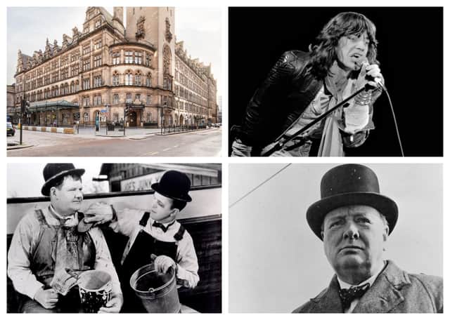 The voco® Grand Central  Hotel in Glasgow was built at Central Station as train travel opened up across the country. The hotel has experienced some pretty special comings and goings over time with (from clockwise top right) Mick Jagger, Winston Churchill and Laurel and Hardy among the famous guests who have checked in. PICS: CC.