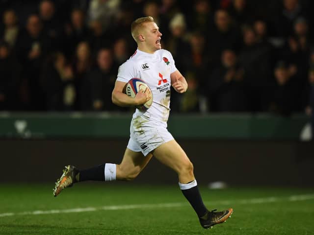 Arron Reed scores a try for England against Scotland during the Under-20 Six Nations match at Franklin's Gardens, Northampton, on March 15, 2019. (Photo by Shaun Botterill/Getty Images)