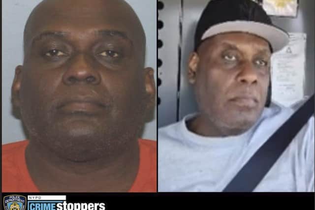 This image provided by the New York City Police Department shows a Crime Stoppers bulletin displaying photos of Frank R. James, who has been identified by police as the renter of a U-Haul van possibly connected to the Brooklyn subway shooting, in New York, Tuesday, April 12, 2022. Police Chief of Detectives James Essig said investigators weren't sure whether James had any link to the subway attack. (Courtesy of NYPD via AP)