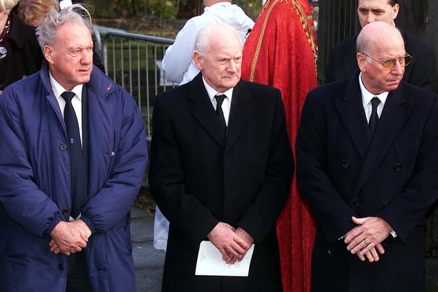 Legends (left to right) Nat Lofthouse, Sir Tom Finney and Sir Bobby Charlton outside St Peter's Church.