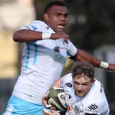 Glasgow Warriors centre Nick Grigg makes a break to set up a try for the unseen Jamie Dobie. Picture: David Gibson/Fotosport/Shutterstock