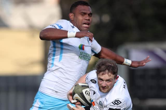 Glasgow Warriors centre Nick Grigg makes a break to set up a try for the unseen Jamie Dobie. Picture: David Gibson/Fotosport/Shutterstock
