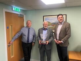 L-R:  David Beaton Managing Director for Highlands and Paul Fogg, Green Road Manager with Peter Knight Managing Director for Bluebird.