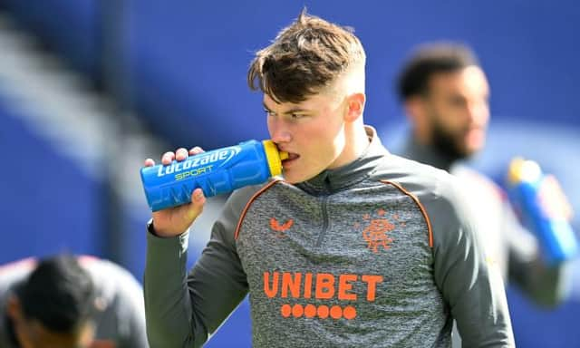 Rangers' Nathan Patterson warms up during a Scottish Premiership match between Rangers and Hibernian at Ibrox Stadium, on April 11, 2021, in Glasgow, Scotland. (Photo by Rob Casey / SNS Group)