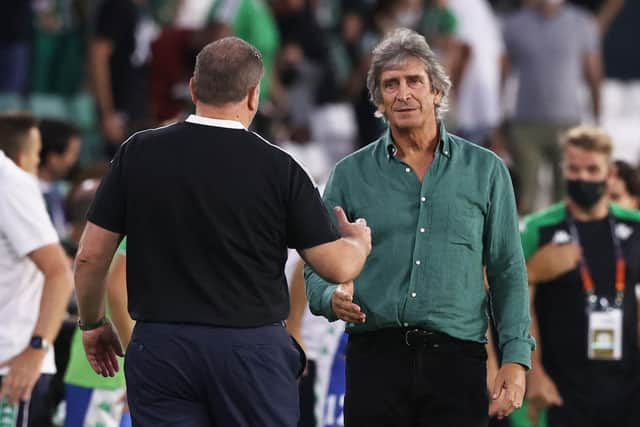 Celtic's Ange Postecoglou with Betis manager Manuel Pellegrini after the 4-3 defeat in Seville in September (Photo by Craig Williamson / SNS Group)