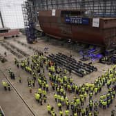 Guests and workers observe the progress on ship one being built at the Rosyth dockyards. Picture: Jeff J Mitchell/Getty Images