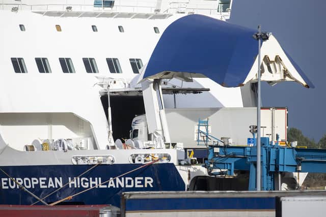A lorry boards the Larne to Cairnryan P&O European Highlander ferry at Larne Port. At Cairnryan, plans for a border post are set to cost £30m.