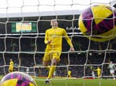 Morton's Jack Baird looks on despairingly as Celtic's Kyogo Furuhashi makes it 2-0. (Photo by Ross MacDonald / SNS Group)