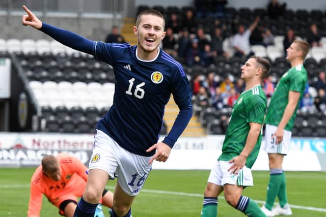 Scotland's Flynn Clarke celebrates scoring the opener in the Under-21 international against Northern Ireland in Paisley. (Photo by Ross MacDonald / SNS Group)