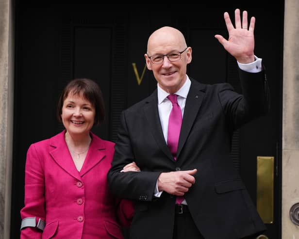 John Swinney, with his wife Elizabeth Quigley, on the steps of Bute House after he was voted by MSPs to be Scotland's next first minister. Photo: Andrew Milligan/PA Wire