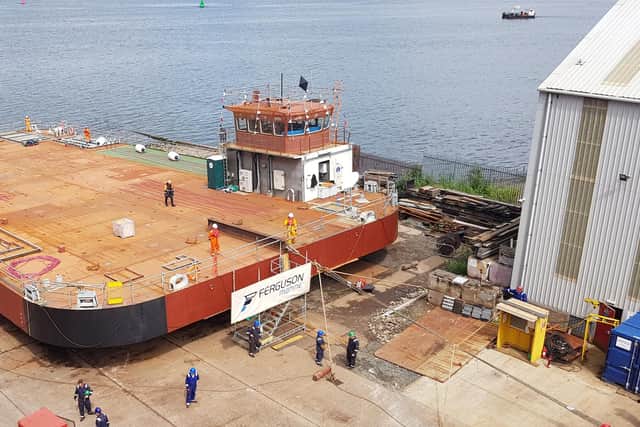The unfinished barge Argymak being launched at the Ferguson Marine yard in 2020T