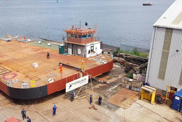 The unfinished barge Argymak being launched at the Ferguson Marine yard in 2020. Picture: CMI Offshore