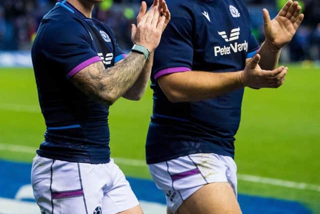 Stuart Hogg (left) and Oli Kebble of Scotland at full time of the Autumn Nations Series match between Scotland and Australia at BT Murrayfield. (Photo by Ross Parker / SNS Group)