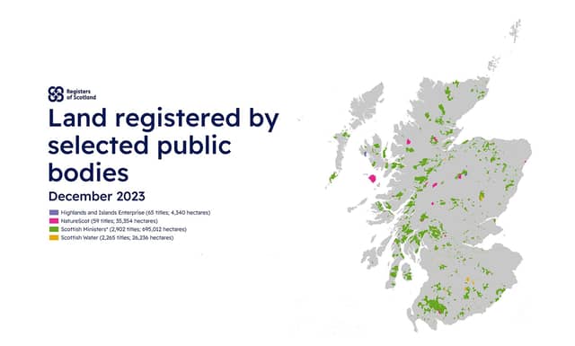 This map shows a snapshot of the registered extents of land held by a selection of public bodies within the Land Register. Credit: Registers of Scotland