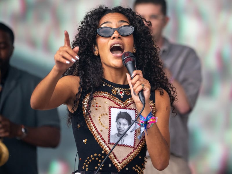 Olivia Dean performs on the pyramid stage at Glastonbury Festival
