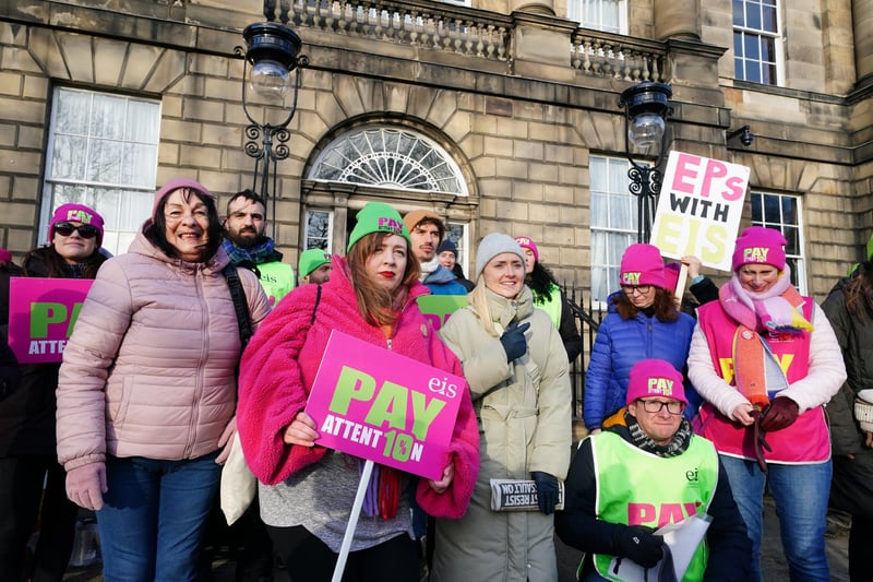 Members of the EIS demonstrate outside Bute House in Edinburgh as teachers from secondary schools around Scotland are shut as members of the EIS and SSTA unions take strike action in a dispute over pay.