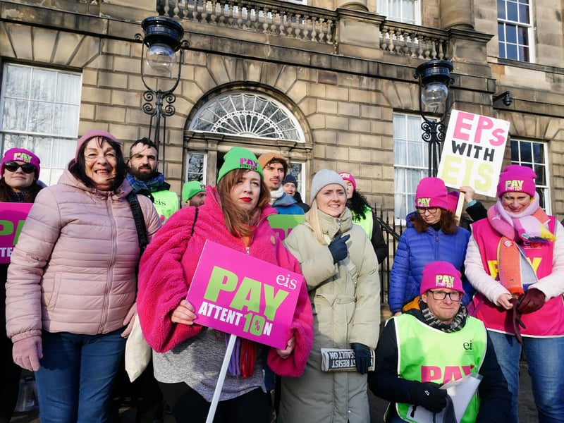 Members of the EIS demonstrate outside Bute House in Edinburgh as teachers from secondary schools around Scotland are shut as members of the EIS and SSTA unions take strike action in a dispute over pay.
