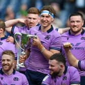 Scotland captain Jamie Ritchie with the Cuttitta Cup after the Guinness Six Nations win over Italy in March. The sides will meet again at Murrayfield in a World Cup warm-up.  (Photo by Ross Parker / SNS Group)