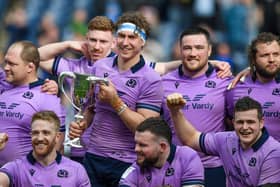 Scotland captain Jamie Ritchie with the Cuttitta Cup after the Guinness Six Nations win over Italy in March. The sides will meet again at Murrayfield in a World Cup warm-up.  (Photo by Ross Parker / SNS Group)