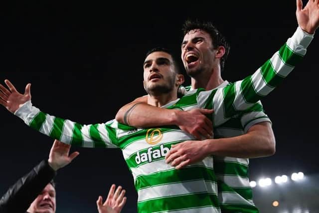 Liel Abada celebrates making it 3-0 during a cinch Premiership match between Celtic and Rangers at Celtic Park, on February 2, 2022. (Photo by Rob Casey / SNS Group)