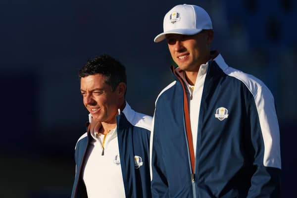 Rory McIlroy and Ludvig Aberg of Team Europe pictured in the build up to the 2023 Ryder Cup at Marco Simone Golf & Country Club in Rome. Picture: Patrick Smith/Getty Images.
