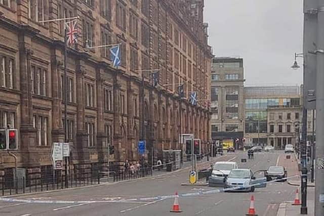 The car involved in the alleged Edinburgh hit and run then collided with a bus in Lothian Road. Picture: Edinburgh Evening News crime and breaking incidents Facebook group