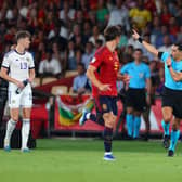 Referee Serdar Gozubuyuk disallows the goal scored by Scotland's Scott McTominay against Spain. (Photo by Fran Santiago/Getty Images)