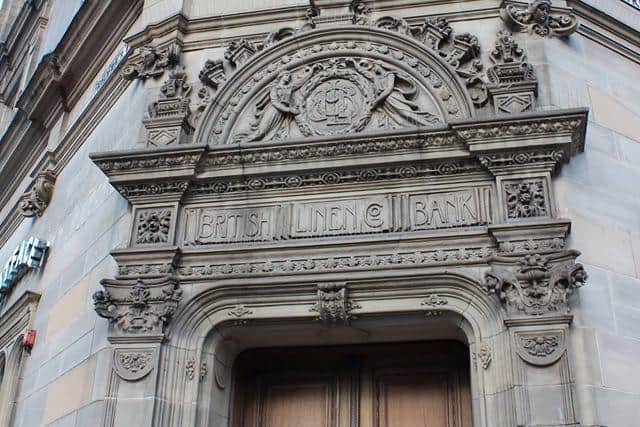 British Linen Bank - corner of George Street and Frederick Street - an example of a stone engraved ghost sign.