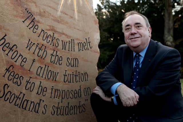In 2014, the then First Minister Alex Salmond unveiled a stone inscribed with his pledge about tuition fees at Heriot-Watt University (Picture: SWNS.com)