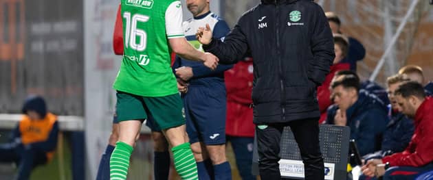 Hibs' Lewis Stevenson is substituted off by manager Nick Montgomery.