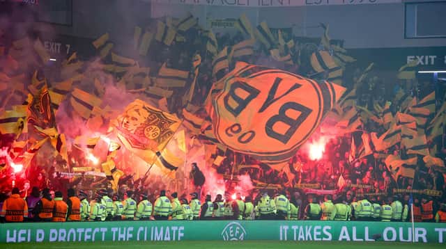 Borussia Dortmund fans at Ibrox for the Europa League play-off tie on February 24. (Photo by Alan Harvey / SNS Group)