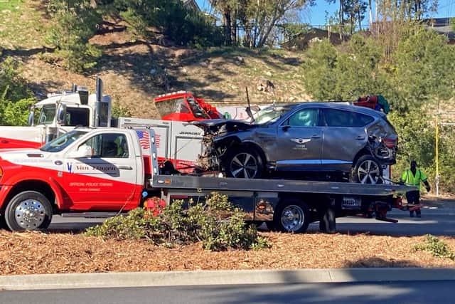 The vehicle driven by Tiger Woods on the back of a truck in Los Angeles (Credit: PA)