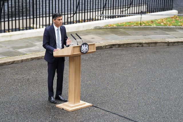 Rishi Sunak makes a speech outside 10 Downing Street, London, after meeting King Charles III and accepting his invitation to become Prime Minister and form a new government.